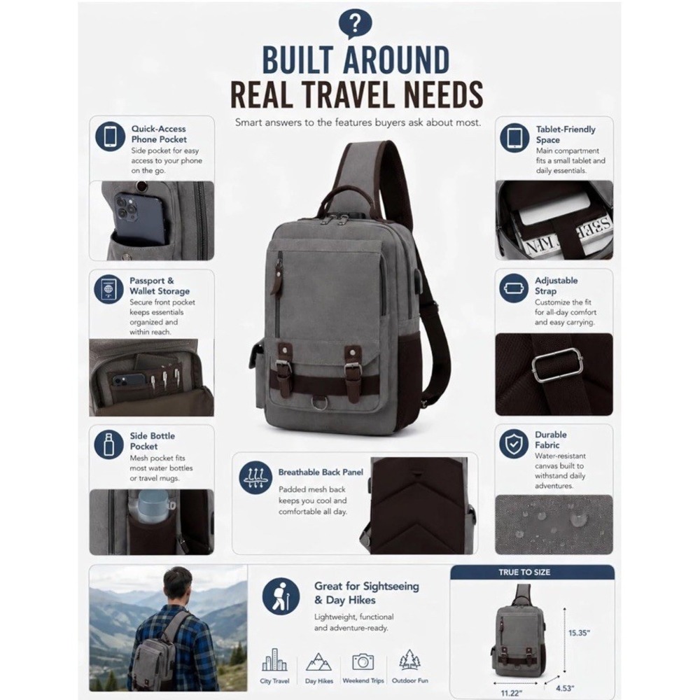 Leaper Retro Canvas Messenger Bag XL w/ USB and Antitheft Lock - Picture 6 of 11